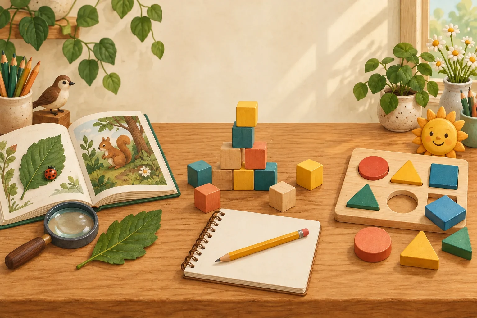 An illustrated book, counting blocks, and a shape puzzle show three ways to explore an idea.